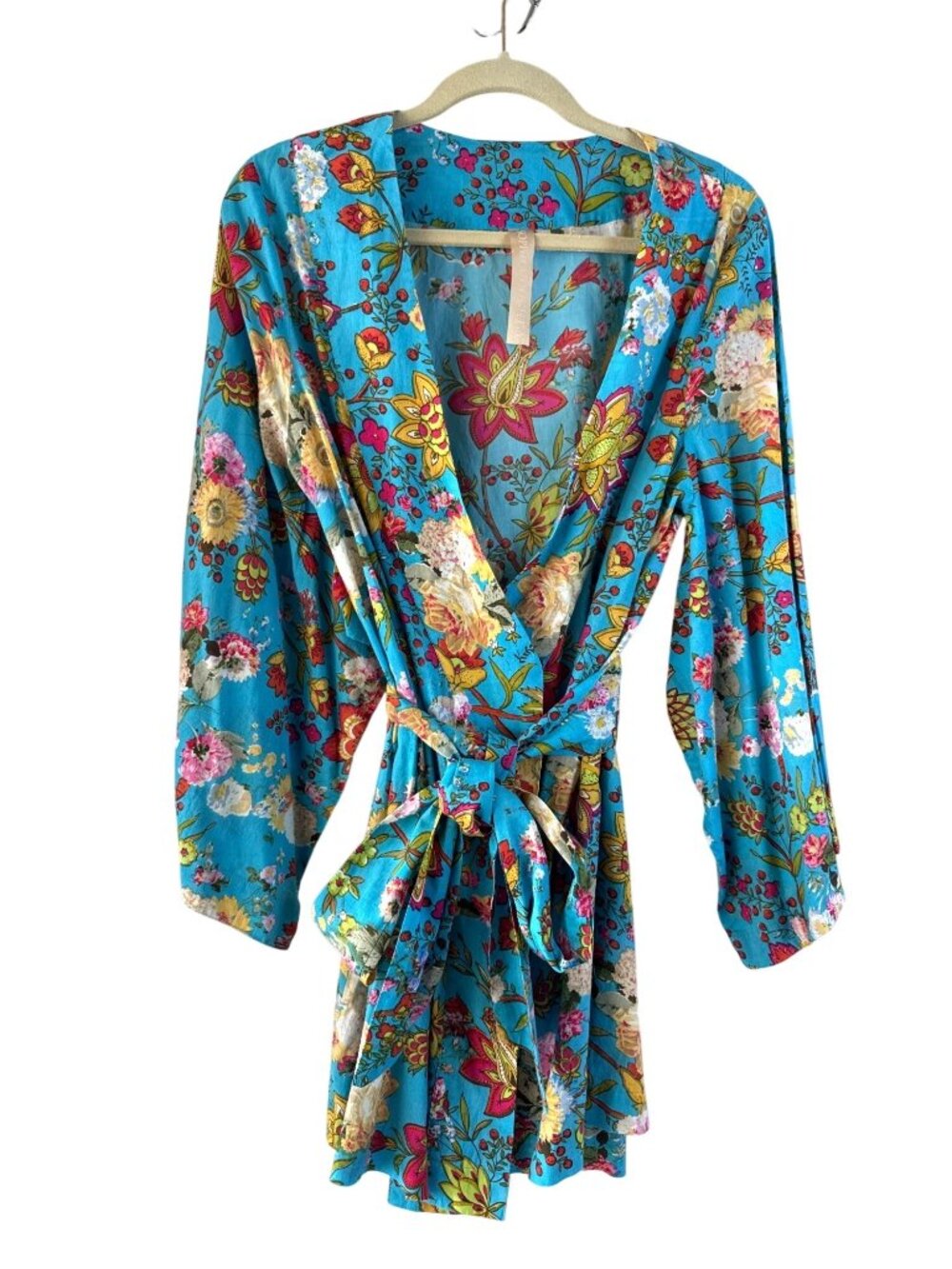 Handmade Floral Kimono Wrap Robe Tie Belt Paisley Floral Colorful Print 100% Cot